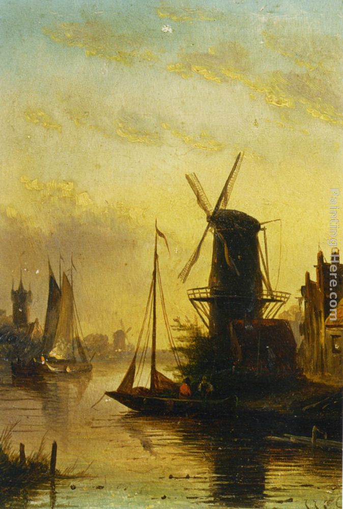 A Summer Landscape with a Windmill at Sunset painting - Jan Jacob Coenraad Spohler A Summer Landscape with a Windmill at Sunset art painting